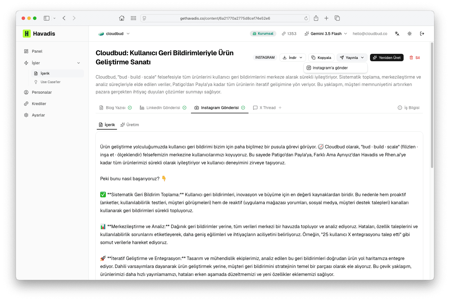 Havadis'te üretilmiş örnek Instagram gönderisi