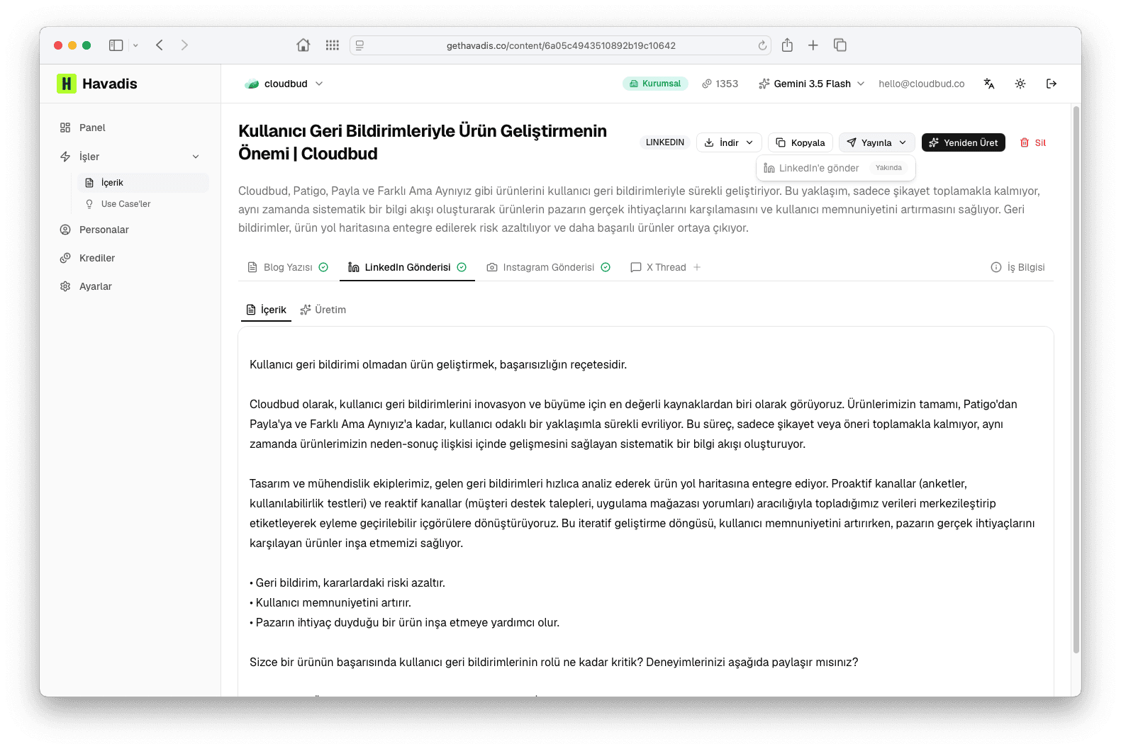 Havadis'te üretilmiş örnek LinkedIn gönderisi